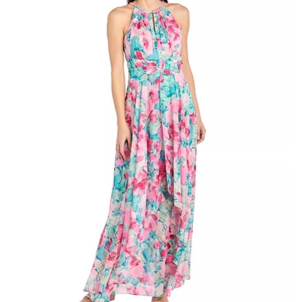 R&M Richards Floral Maxi Dress Women 14 NWT Halter Jade Pink MSRP $149